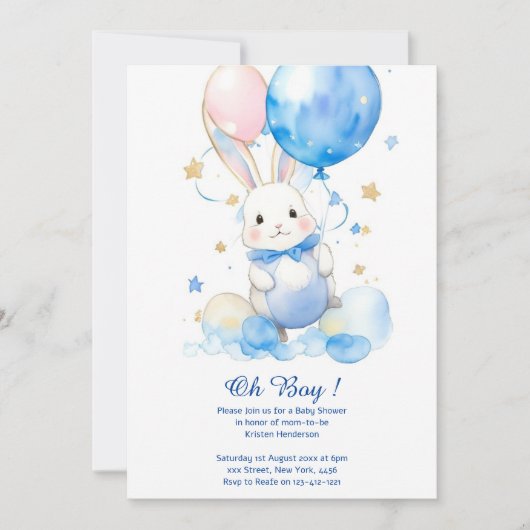 Watercolor Bunny Boy Baby Dusche Einladung (Vorderseite)