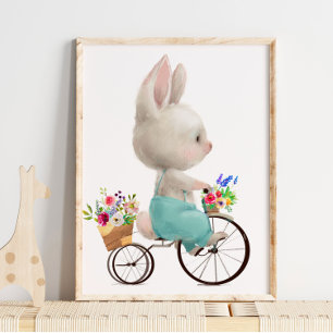 Watercolor Bunny Flower Fahrrad   Bunny Wandbild Poster