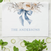 Watercolor Bunny Flowers Blue Bow Spring Geschirrtuch (Gefaltet)