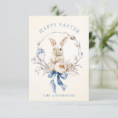 Watercolor Bunny Flowers Blue Bow Spring Karte (Stehend Vorderseite)