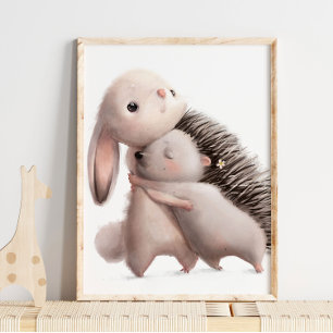 Watercolor Bunny Hedgehog Umarme   Bunny-Wandbild  Poster