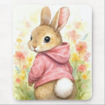 Watercolor Bunny in a Pink Hoodie Mousepad<br><div class="desc">A charming bunny dressed in an adorable pink hoodie glances back with curiosity,  surrounded by the enchanting colors of a garden in watercolor art</div>