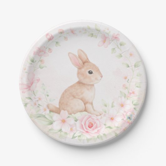 Watercolor Bunny Rabbit Floral Wreath Baby Shower Pappteller (Vorderseite)