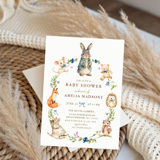 Watercolor Bunny Rabbit Friends Wreath Baby Shower Einladung