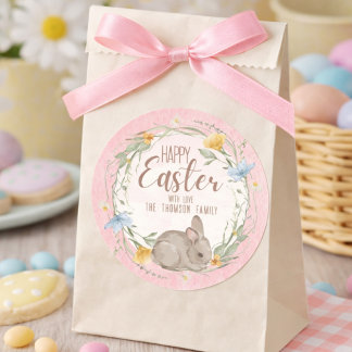 Watercolor Bunny Spring Wildflowers Happy Easter  Runder Aufkleber