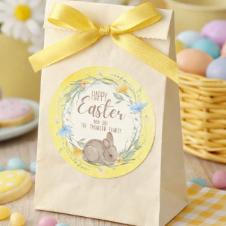 Watercolor Bunny Spring Wildflowers Happy Easter Runder Aufkleber