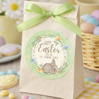 Watercolor Bunny Spring Wildflowers Happy Easter  Runder Aufkleber