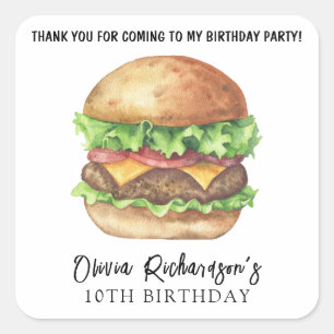 Watercolor Burger Party Geburtstag Vielen Dank Quadratischer Aufkleber