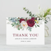 Watercolor Burgund Blumengrün Hochzeit Dankeskarte (Stehend Vorderseite)