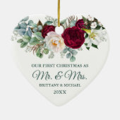 Watercolor Burgund Blumengrün Mr. und Mrs. Keramik Ornament (Hinten)