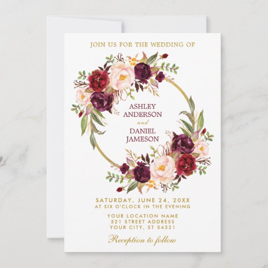 Watercolor Burgund Blumenreath Gold Wedding Einladung (Vorderseite)