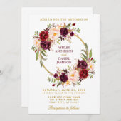 Watercolor Burgund Blumenreath Gold Wedding Einladung (Vorne/Hinten)
