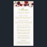 Watercolor Burgund Blumenzwiebelmenü Menükarte<br><div class="desc">Elegante Burgundy Marsala Watercolor Floral and Gold Wedding Menu Card</div>