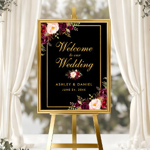 Watercolor Burgundy Black Gold Wedding Willkommen Poster