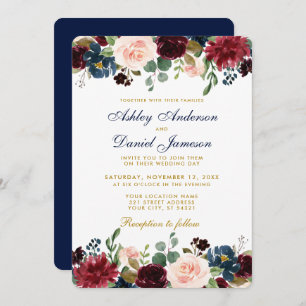 Watercolor Burgundy Blue Floral Elegante Wedding G Einladung
