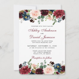 Watercolor Burgundy Blue Floral Elegante Wedding W Einladung