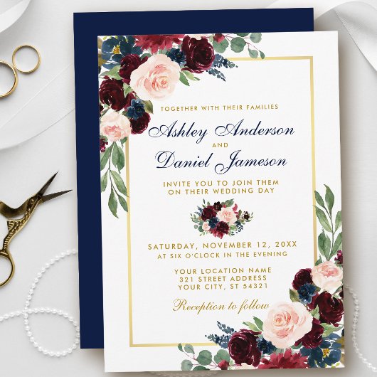 Watercolor Burgundy Blue Floral Gold Wedding BG Einladung
