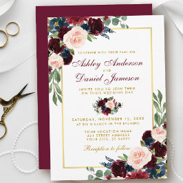 Watercolor Burgundy Blue Floral Gold Wedding BG Einladung