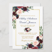 Watercolor Burgundy Blue Floral Gold Wedding BG Einladung (Vorderseite)