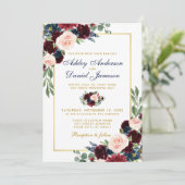 Watercolor Burgundy Blue Floral Gold Wedding BG Einladung (Stehend Vorderseite)
