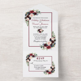 Watercolor Burgundy Blue Floral Wedding All In One Einladung