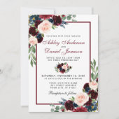Watercolor Burgundy Blue Floral Wedding B Einladung (Vorderseite)
