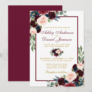 Watercolor Burgundy Blue Floral Wedding B Einladung