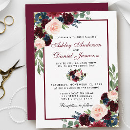 Watercolor Burgundy Blue Floral Wedding B Einladung