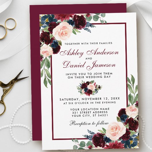Watercolor Burgundy Blue Floral Wedding B Einladung