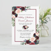 Watercolor Burgundy Blue Floral Wedding Einladung (Stehend Vorderseite)