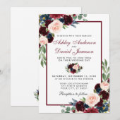 Watercolor Burgundy Blue Floral Wedding Einladung (Vorne/Hinten)