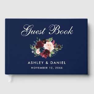 Watercolor Burgundy Blue Floral Wedding Gästebuch