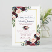 Watercolor Burgundy Blue Floral Wedding Gold Einladung (Stehend Vorderseite)