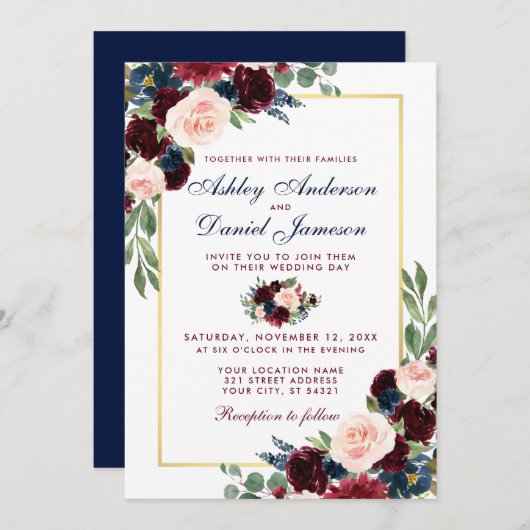 Watercolor Burgundy Blue Floral Wedding Gold Einladung (Vorne/Hinten)