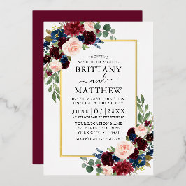 Watercolor Burgundy Blue Floral Wedding Gold Folieneinladung
