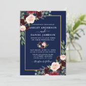 Watercolor Burgundy Blue Floral Wedding Gold Frame Einladung (Stehend Vorderseite)