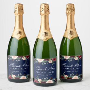 Watercolor Burgundy Blue Floral Wedding Schaumweinetikett