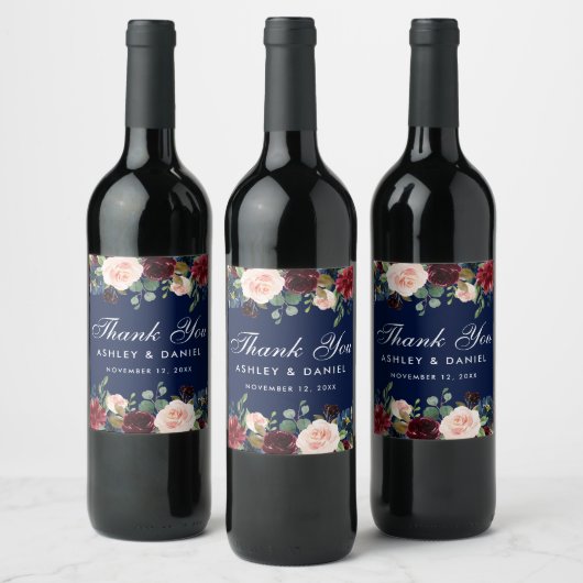 Watercolor Burgundy Blue Floral Wedding Weinetikett (Flaschen)
