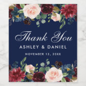 Watercolor Burgundy Blue Floral Wedding Weinetikett (Einzelnes Label)