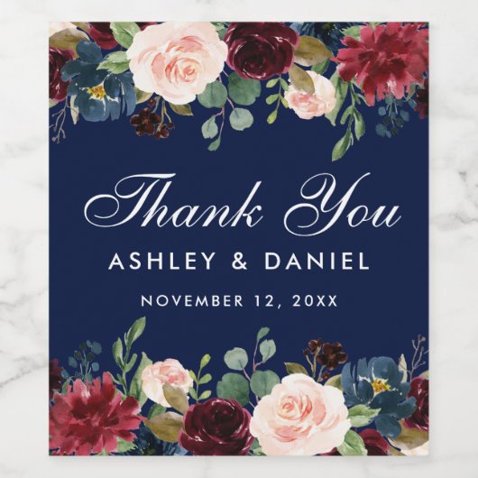 Watercolor Burgundy Blue Floral Wedding Weinetikett (Einzelnes Label)