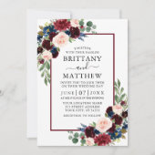 Watercolor Burgundy Blue Mixed Floral Wedding Einladung (Vorderseite)