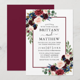 Watercolor Burgundy Blue Mixed Floral Wedding Einladung