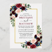 Watercolor Burgundy Blue Pink Floral Wedding Gold Folieneinladung (Vorderseite)