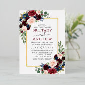Watercolor Burgundy Blue Pink Floral Wedding Gold Folieneinladung (Stehend vorne)