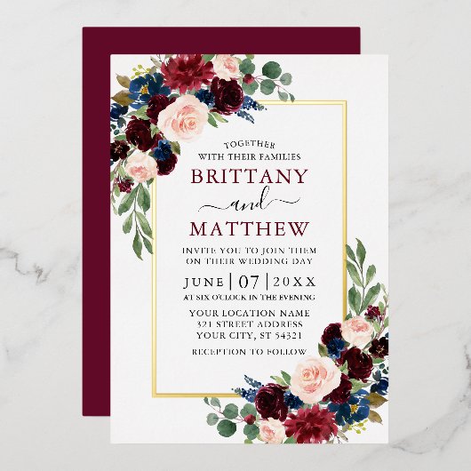 Watercolor Burgundy Blue Pink Floral Wedding Gold Folieneinladung (Vorderseite/Rückseite)