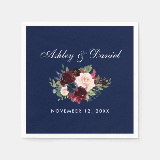 Watercolor Burgundy Blue Wedding Floral Serviette (Vorderseite)