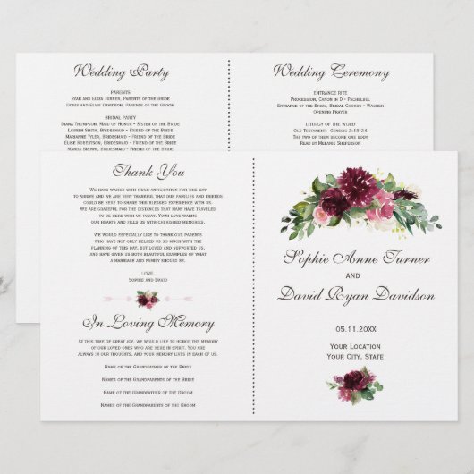 Watercolor Burgundy Blumenbouquet Hochzeitsprogram (Vorne/Hinten)