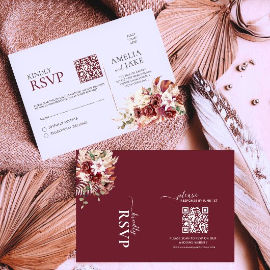Watercolor Burgundy Blush Gold QR Wedding RSVP