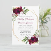 Watercolor Burgundy Boho Floral Gold Frame Wedding Einladung (Stehend Vorderseite)