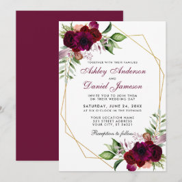 Watercolor Burgundy Boho Floral Gold Frame Wedding Einladung